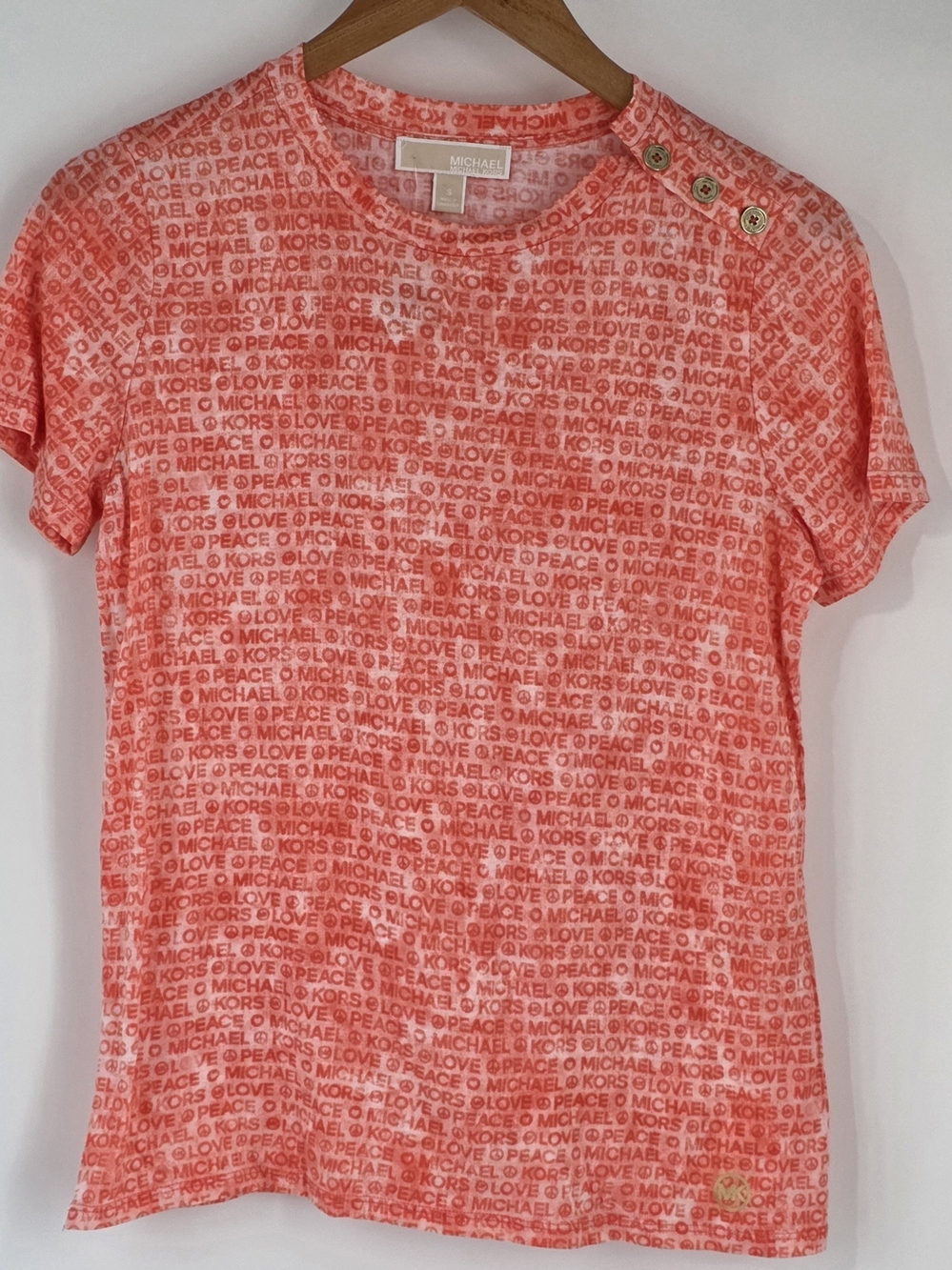 Michael Kors Grapefruit Love Peace Short Sleeve Tee w/Faux Button Shoulder Small